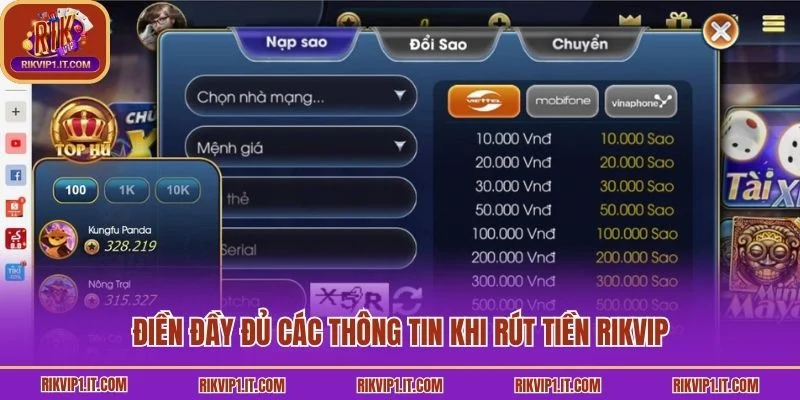 Điền đầy đủ các thông tin khi rút tiền Rikvip